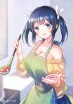  1girl alternate_costume apron blue_eyes blue_hair blue_skirt breasts cleavage cooking emia_wang food hair_ribbon holding holding_spoon kantai_collection kitchen ladle large_breasts open_mouth pot ribbon skirt soup souryuu_(kantai_collection) spoon sweater table twintails twitter_username 