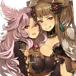  2girls animal_ears breast_press brown_hair cat_ears catharine_(granblue_fantasy) erun_(granblue_fantasy) eyebrows eyebrows_visible_through_hair granblue_fantasy hair_ornament heart heart-shaped_pupils kuzuno_ha long_hair metella_(granblue_fantasy) mole mole_under_mouth multiple_girls parted_lips pink_hair simple_background smile symbol-shaped_pupils tongue tongue_out white_background 