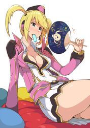  1girl arm_support ass blonde_hair blue_eyes breasts cleavage fanning_face hair_ornament hat highres large_breasts phantasy_star phantasy_star_online_2 popsicle short_hair sierra_(pso2) simple_background sitting skirt solo thighs tokiwa_mmm twintails white_background 