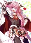  1boy 2016 :d black_legwear bow braid cape dated fate/apocrypha fate_(series) garter_straps gauntlets hair_bow heart male_focus nina_(pastime) open_mouth otoko_no_ko pink_hair rider_of_black single_braid skirt smile solo thigh-highs violet_eyes 