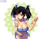  1girl bangs bare_shoulders bikini black_hair blue_bikini bow bowtie bracelet breasts brown_eyes cleavage collarbone cowboy_shot cyphers finger_licking food frilled_bikini frills hair_ribbon hands_up holding holding_food ice_cream ice_cream_cone jewelry large_breasts licking looking_at_viewer manjji marlene_(cyphers) melting midriff navel polka_dot polka_dot_bow polka_dot_bowtie ribbon short_hair side-tie_bikini simple_background solo swimsuit tongue tongue_out twintails white_background 