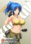  1girl blue_eyes blue_hair breasts camouflage camouflage_pants covered_nipples jewelry large_breasts leona_heidern midriff nipples pants patreon ponytail solo tank_top the_king_of_fighters zel-sama 