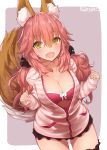  1girl absurdres animal_ears artist_name blush breasts cleavage cowboy_shot eyebrows eyebrows_visible_through_hair fangs fate/extra fate_(series) fox_ears fox_tail frills highres large_breasts long_hair looking_at_viewer open_mouth pink_hair scrunchie solo striped tail tamamo_(fate)_(all) tamamo_no_mae_(fate) thigh-highs twintails unzipped yaman yellow_eyes zipper 