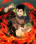  1boy ;d artist_name avatar_(series) blue_hair bolin bruise bruise_on_face clenched_hand eyebrows green_eyes injury male_focus molten_rock one_eye_closed open_mouth popped_collar smile solo spoilers t_k_g the_legend_of_korra thick_eyebrows 