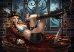  1girl alcohol artist_request boots bracelet breasts claw_(weapon) coin collarbone cup drinking_glass hat high_heel_boots high_heels jewelry lips looking_at_viewer nail_polish navel pearl pirate_hat ring shorts smile table thigh_strap weapon wine wine_glass 