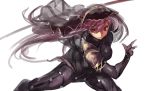  1girl azuki_(azuki-taste) bodysuit breasts fate/grand_order fate_(series) gae_bolg highres holding holding_weapon purple_hair red_eyes scathach_(fate/grand_order) simple_background solo veil weapon white_background 
