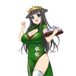  1girl black_hair blue_eyes breasts carrying_under_arm china_dress chinese_clothes cleavage cleavage_cutout cup dress floral_print hair_flaps kusaka_souji large_breasts long_hair official_art open_mouth pelvic_curtain solo teacup teapot thigh-highs transparent_background uchi_no_hime-sama_ga_ichiban_kawaii white_legwear 