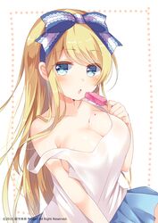  1girl 2016 alice_(wonderland) alice_in_wonderland bangs bare_shoulders blonde_hair blue_ribbon blue_skirt blush breasts cleavage collarbone emilion english eyebrows eyebrows_visible_through_hair food food_on_body hair_ribbon holding holding_food long_hair looking_at_viewer medium_breasts number off_shoulder open_mouth original pleated_skirt popsicle ribbon shirt skirt sleeveless sleeveless_shirt solo sweat swept_bangs tank_top very_long_hair watermark white_background white_shirt 