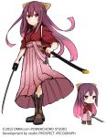  1girl atsushi_(aaa-bbb) boots chibi cross-laced_footwear hakama highres japanese_clothes kamikaze_(kantai_collection) kantai_collection katana kimono lace-up_boots long_hair looking_at_viewer meiji_schoolgirl_uniform scabbard sheath smile solo sword tasuki violet_eyes weapon 