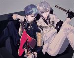  2boys aqua_hair armor black_border black_gloves blonde_hair blue_eyes border couch formal glasses gloves highres ichigo_hitofuri japanese_armor katana kikkou_sadamune male_focus military military_uniform multiple_boys necktie sitting smile sode suit sword touken_ranbu uniform weapon white_gloves yamada_chickenko yellow_eyes 