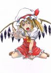  1girl alternate_wing_color blonde_hair crying crying_with_eyes_open crystal flandre_scarlet frilled_skirt frills hat highres koji_(koji-a) mob_cap open_mouth red_eyes shirt short_hair side_ponytail sitting skirt solo tears touhou vest wariza wings 