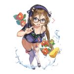  1girl blue_eyes breasts brown_hair cleavage flower frog full_body glasses hairband hand_on_own_knee large_breasts leaning_forward long_hair mary_janes off_shoulder official_art open_mouth school_swimsuit shoes short_sleeves solo sponge swimsuit swimsuit_under_clothes thigh-highs transparent_background uchi_no_hime-sama_ga_ichiban_kawaii water wet whistle white_legwear white_school_swimsuit white_swimsuit whoisshe 