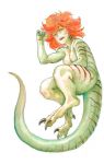  1girl breasts claws full_body green_skin kanemaki_thomas lizard_girl lizard_tail monster_girl no_nipples nude original redhead scales sharp_teeth slit_pupils solo tail talons teeth thick_thighs thighs traditional_media watercolor_(medium) wavy_hair white_background yellow_eyes 