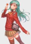  1girl alternate_costume aqua_hair ascot back breasts brown_legwear brown_skirt buttons cannon grey_background hair_ornament hairclip kantai_collection leaf long_hair long_sleeves looking_at_viewer looking_back maple_leaf pleated_skirt red_sweater school_uniform shirt skirt smile solo suzuya_(kantai_collection) thigh-highs turret urokoda white_shirt yellow_eyes 