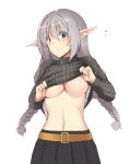  1girl bangs belt_buckle black_skirt blue_eyes blush braid breasts buckle clothes_lift eyebrows eyebrows_visible_through_hair eyelashes grey_hair grey_sweater hair_between_eyes lifted_by_self long_hair long_sleeves looking_at_viewer medium_breasts nakadori_(movgnsk) navel no_bra phantasy_star phantasy_star_online_2 pleated_skirt pointy_ears silver_hair simple_background skirt solo stomach sweater sweater_lift turtleneck twin_braids twintails under_boob undershirt undressing upper_body white_background 