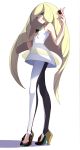  1girl bare_arms bare_shoulders black_legwear blonde_hair dress gem green_eyes hand_on_hip high_heels highres leggings long_hair looking_at_viewer lusamine_(pokemon) nail_polish poke_ball pokemon pokemon_(game) pokemon_sm short_dress sleeveless sleeveless_dress smile solo suke_(158628) very_long_hair white_legwear yellow_nails 