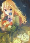  1girl artist_request blonde_hair blue_eyes blue_rose bouquet dress flower highres ib long_hair mary_(ib) mouth_hold red_rose rose solo tears yellow_rose 