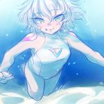  1girl air_bubble assassin_of_black barefoot blue_background blue_eyes breath bubble cleavage_cutout fate/apocrypha fate_(series) freediving green_eyes hikizan holding_breath lips looking_at_viewer one-piece_swimsuit scar short_hair shoulder_tattoo silver_hair smile solo swimming swimsuit tsurime underwater white_swimsuit 