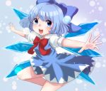  1girl :d blue_background blue_dress blue_eyes blue_hair cirno cowboy_shot dress folded_leg fujiyama_kinfuji hair_ribbon light_particles looking_at_viewer open_hands open_mouth outstretched_arms puffy_short_sleeves puffy_sleeves ribbon short_hair short_sleeves smile solo spread_arms touhou wings 