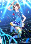  1girl aozora_jumping_heart arm_up audience blue_eyes blush boots bow breasts brown_hair confetti earrings hair_bow hand_on_hip highres jewelry jumping looking_at_viewer love_live! love_live!_sunshine!! open_mouth salute short_hair skirt smile solo stage striped striped_legwear swordsouls watanabe_you 