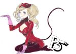  1girl blonde_hair blue_eyes breasts cleavage cleavage_cutout gloves high_heels kneeling mask nesume one_eye_closed persona persona_5 solo takamaki_ann twintails 