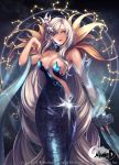  1girl absurdly_long_hair alnilam blue_dress blue_eyes breasts cleavage constellation copyright_name dress earrings hair_ornament jewelry large_breasts long_hair looking_at_viewer parted_lips standing star star_hair_ornament unleashed very_long_hair watermark white_hair 
