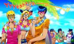  abs adjusting_sunglasses anchor_symbol animal blonde_hair blue_hair blue_nails blue_sky braid cherry cigarette closed_eyes coat danny_(jojo) day dog double_bun flower food fruit giorno_giovanna glass grin hair_flower hair_ornament hand_up hat heart-shaped_sunglasses higashikata_jousuke holding holding_animal holding_fruit jojo_no_kimyou_na_bouken jonathan_joestar joseph_joestar_(young) kuujou_jolyne kuujou_joutarou lens_flare multicolored_hair muscle nail_polish navel navel_piercing ocean open_mouth orange patterned_clothing pectorals piercing pompadour short_shorts shorts single_braid sky smile smoking star-shaped_glasses sun sunglasses tazbun two-tone_hair watermelon 