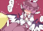  1girl ^_^ blush closed_eyes dress dripping hammer_(sunset_beach) hat head_wings mayonnaise mob_cap mystia_lorelei open_mouth pink_dress pink_hair sexually_suggestive solo tears touhou translated 