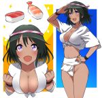  1girl black_hair blush breasts cleavage dark_skin food fundoshi hachimaki headband idolmaster idolmaster_cinderella_girls japanese_clothes natalia_(idolmaster) open_mouth salute short_hair smile solo sushi tango_(tn500) violet_eyes 