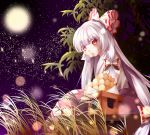  1girl bamboo dango food food_in_mouth from_below fujiwara_no_mokou full_moon grass gurume_(torakikki77) hair_ribbon hime_cut lens_flare long_hair looking_at_viewer looking_down moon night outdoors pants red_eyes ribbon short_sleeves silver_hair sitting sky solo star_(sky) starry_sky touhou tress_ribbon tsukimi_dango very_long_hair wagashi 