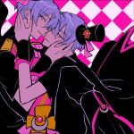  2boys :p beppu_akihiko beppu_haruhiko binan_koukou_chikyuu_bouei-bu_love! blue_hair boots brothers checkered checkered_background eyebrows eyebrows_visible_through_hair hat incest incipient_kiss looking_at_viewer magical_boy male_focus mini_hat mini_top_hat multiple_boys patterned_background pink_eyes red_eyes siblings smile tongue tongue_out top_hat twincest twins uki001 wrist_cuffs yaoi 