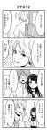  1girl 2boys 4koma angry bag bangs bead_bracelet beads blank_eyes blunt_bangs blush bracelet buttons clenched_hand collarbone comic door earrings eyebrows eyebrows_visible_through_hair full-face_blush greyscale grin hairband highres jewelry kentaurosu long_hair looking_at_another looking_at_viewer looking_back monochrome multiple_boys neckerchief necklace no_mouth open_clothes open_mouth open_shirt original pleated_skirt pocket school_bag school_uniform serafuku shirt short_sleeves shoulder_bag skirt sliding_doors smile speech_bubble sweatdrop translation_request wavy_mouth wide_oval_eyes 