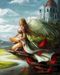  1girl artist_request boots bracelet brown_hair building clouds collarbone highres jewelry lips long_hair mountain petals river sky solo spaulders wind wings 