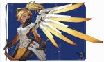  1girl 2016 armor artist_name black_gloves blonde_hair blue_eyes bodysuit breastplate breasts brown_legwear chan_shi closed_mouth cowboy_shot dated earrings faulds gloves headgear high_collar highres jewelry lips loincloth long_hair long_sleeves mechanical_halo mechanical_wings medium_breasts mercy_(overwatch) outstretched_arms overwatch pantyhose pelvic_curtain pink_lips ponytail signature skin_tight solo spread_wings stud_earrings swiss_flag turtleneck wing_print wings yellow_wings 