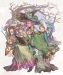  1boy 3girls :d agnesgd all_fours bangs black_hat blonde_hair blue_dress blue_eyes blue_hat blush book bow braid breasts brown_hair circlet cleavage closed_eyes colored_eyelashes diamond_(shape) dress fang flower freckles granblue_fantasy green_dress green_hat hand_on_headwear harbin hat leaf lennah leonora_(granblue_fantasy) long_sleeves multiple_girls norcel open_book open_mouth orange_eyes pointy_ears purple_hair reading short_hair sitting sleeves_past_wrists small_breasts smile souffleramahr tree twitter_username white_bow wide_sleeves wizard_hat 