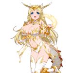  1girl blonde_hair blue_eyes boots braid breasts dragon_tail fire high_heels highres kusaka_souji large_breasts leotard long_hair looking_at_viewer navel official_art open_mouth solo sparkle tail thigh-highs thigh_boots transparent_background uchi_no_hime-sama_ga_ichiban_kawaii yellow 