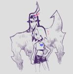  1girl ahoge blue_eyes closed_mouth earrings fire floating grey_background hair_over_one_eye hand_on_hip heart horns jewelry midriff monster navel original parted_lips short_hair shorts simple_background single_earring single_horn sketch skull smile taikodon 