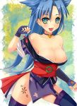  1girl bare_shoulders bell blue_hair blush breasts cleavage collar commentary_request fingerless_gloves gloves green_eyes japanese_clothes kimono large_breasts long_hair looking_at_viewer open_mouth pichagorou rance_(series) sengoku_rance smile solo suzume_(rance) thigh-highs 