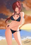  &gt;:) 1girl artist_name beach bikini breasts brown_eyes claudia_dragneel cleavage colored cowboy_shot erza_scarlet fairy_tail hair_over_one_eye highres large_breasts long_hair looking_at_viewer mashima_hiro navel ocean ponytail redhead side-tie_bikini sky smile smirk solo sun swimsuit tattoo twilight under_boob 