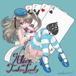  1girl abazu-red alice_(wonderland) alice_in_wonderland blue_shoes boko_(girls_und_panzer) card cosplay frilled_skirt frills garter_straps girls_und_panzer gloves hat highres lolita_fashion long_hair looking_at_viewer mary_janes military_hat nose_art panties petticoat playing_card poker shimada_arisu shoes skirt solo striped striped_legwear striped_panties thigh-highs twitter_username underwear 