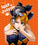  1girl animal animal_on_head blonde_hair blue_hair braid dog double_bun green_eyes green_lipstick green_nails hand_on_own_face iggy_(jojo) jojo_no_kimyou_na_bouken kuujou_jolyne lipstick makeup multicolored_hair nail_polish one_eye_closed patterned_background single_braid tazbun two-tone_hair 