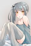  &gt;:o 1girl :o alternate_costume black_ribbon blush casual collarbone comah grey_legwear hair_ribbon kantai_collection kasumi_(kantai_collection) long_hair long_sleeves looking_at_viewer off_shoulder ribbon side_ponytail silver_hair simple_background solo thigh-highs yellow_eyes 