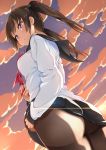  1girl amasora_taichi ass black_legwear breasts brown_hair clouds cloudy_sky dutch_angle highres long_hair looking_at_viewer looking_down original pantyhose parted_lips pleated_skirt school_uniform skirt sky solo standing sunlight twintails violet_eyes 