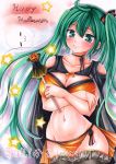  1girl 2016 :3 artist_name bikini blush cape crossed_arms dated ghost green_eyes green_hair halloween happy_halloween hatsune_miku highres karu0126 long_hair looking_at_viewer marker_(medium) navel solo star swimsuit thigh-highs traditional_media twintails very_long_hair vocaloid 