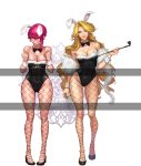  2girls animal_ears bangs bare_shoulders black_bow black_bowtie black_legwear black_leotard black_nails black_shoes blonde_hair blue_eyes blush bow bowtie breasts bunny_girl bunnysuit cleavage clenched_hands closed_mouth collarbone contrapposto covered_navel detached_collar fingernails fishnet_pantyhose fishnets full_body fur_trim green_eyes groin hands_up high_heels highleg highleg_leotard highres holding holding_pipe large_breasts leotard lips lipstick long_fingernails long_hair looking_at_viewer makeup manjji multiple_girls nail_polish original pantyhose pink_hair pipe pout pouty_lips rabbit_ears red_lips red_lipstick shoes short_hair sidelocks smile standing strapless strapless_leotard very_long_hair wrist_cuffs 