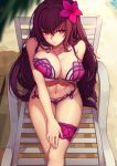 1girl beach bikini blush breasts cleavage evan_yang fate/grand_order fate_(series) flower from_above hair_flower hair_ornament highres large_breasts long_hair navel ocean outdoors purple_hair red_bikini red_eyes sand scathach_(fate/grand_order) sitting solo swimsuit thigh_strap very_long_hair water 