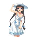  1girl :d arm_up black_hair blue_eyes book braid breasts character_request cleavage dress floral_print hand_on_headwear hat highres holding holding_book kusaka_souji large_breasts long_hair looking_at_viewer official_art open_mouth smile solo spaghetti_strap sun_hat sundress transparent_background twin_braids uchi_no_hime-sama_ga_ichiban_kawaii 