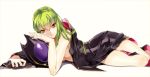  1girl bare_shoulders breasts c.c. cape code_geass green_hair hair_between_eyes hand_on_own_cheek helmet lips long_hair looking_at_viewer lying medium_breasts meimi_k naked_cape nude on_side simple_background smile solo white_background yellow_eyes zero_(code_geass) 