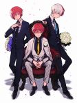  3boys akashi_seijuurou arm_behind_back armchair bangs black_necktie black_pants black_ribbon black_shirt black_shoes blue_necktie boku_no_hero_academia bouquet burn_scar buttons chair character_check closed_mouth collared_shirt confetti cross-laced_footwear crossover dress_shirt ensemble_stars! flower formal frown full_body grey_jacket grey_pants hair_between_eyes hand_on_own_chest heterochromia highres holding_bouquet jacket jacket_on_shoulders kuroko_no_basuke long_sleeves looking_at_viewer male_focus mayer multicolored_hair multiple_boys multiple_crossover necktie no_socks own_hands_together pant_suit pants profile red_eyes redhead ribbon rose shadow shirt shoes sitting standing suit suou_tsukasa todoroki_shouto trait_connection two-tone_hair violet_eyes white_background white_flower white_hair white_rose white_shirt yellow_eyes yellow_necktie 