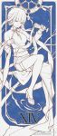  1girl anchor bangs blunt_bangs breasts china_dress chinese_clothes cleavage_cutout closed_eyes dress earrings full_body goblet high_heels holding jewelry long_sleeves monochrome roman_numerals sa_(h28085) sash short_hair solo spot_color tarot text thigh_strap tied_hair water watermark weibo_username yat_sen_(zhan_jian_shao_nyu) zhan_jian_shao_nyu 